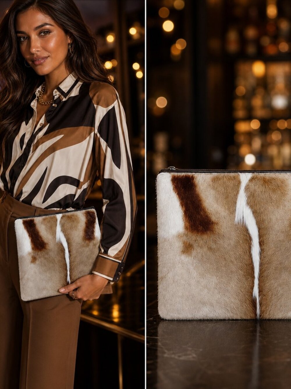 Oliveve NWT Natural Deer Tail Fur Brown Leather Clutch Purse Rare Artisan $375